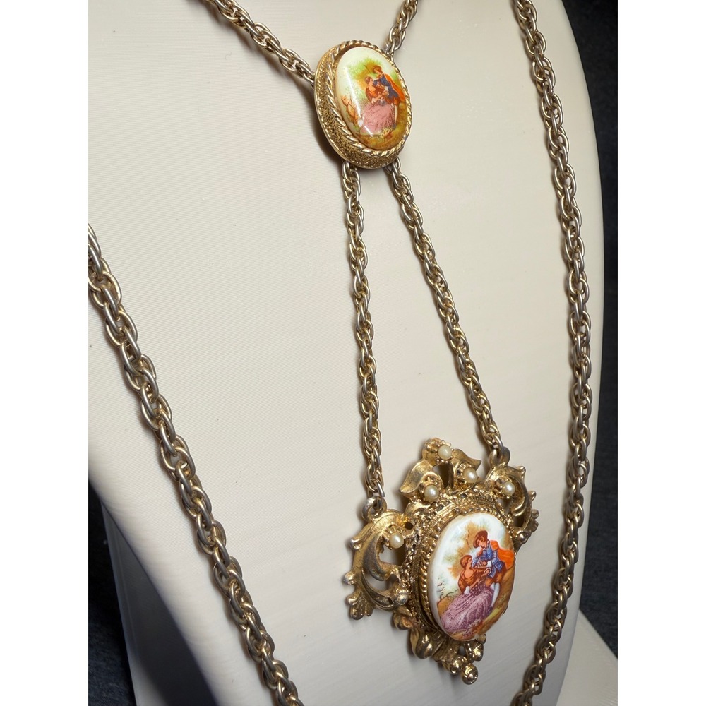 Necklace Gold Tone Faux Pearl Fragonard Courting Couple Victorian Style 24 In - Picture 5 of 14